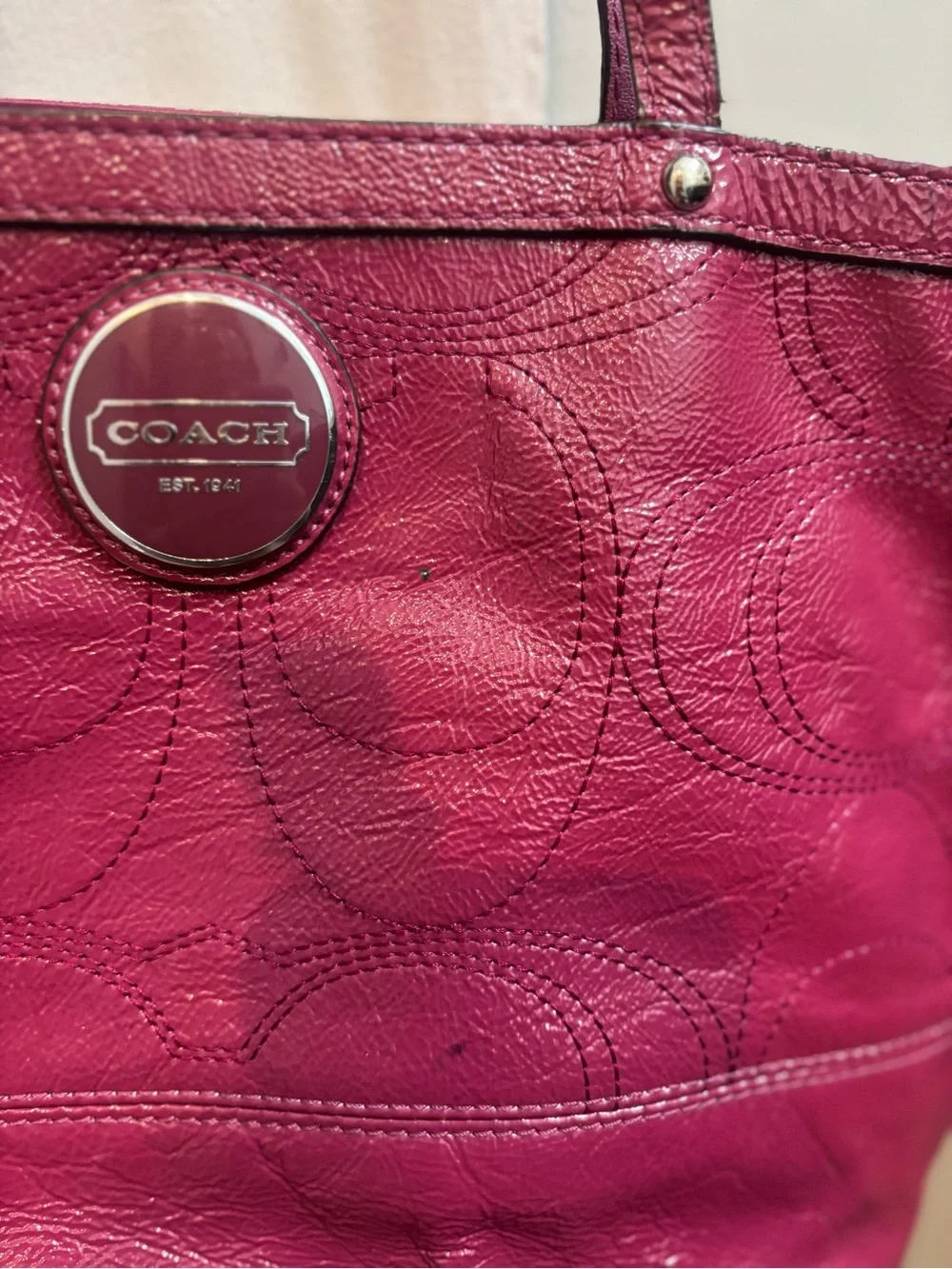 Coach F15142 Magenta Patent Leather Signature Tote